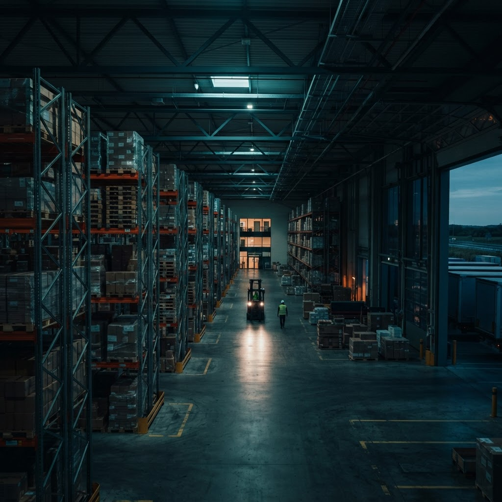 Deliward warehouse interior in the Berlin region, with pallet racking, a forklift and loading docks at dusk